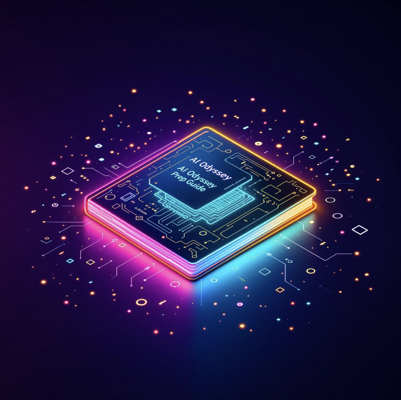 The Ultimate AI Quiz by Ei Prep Guide - Futuristic digital book with neon circuit patterns and floating tech elements