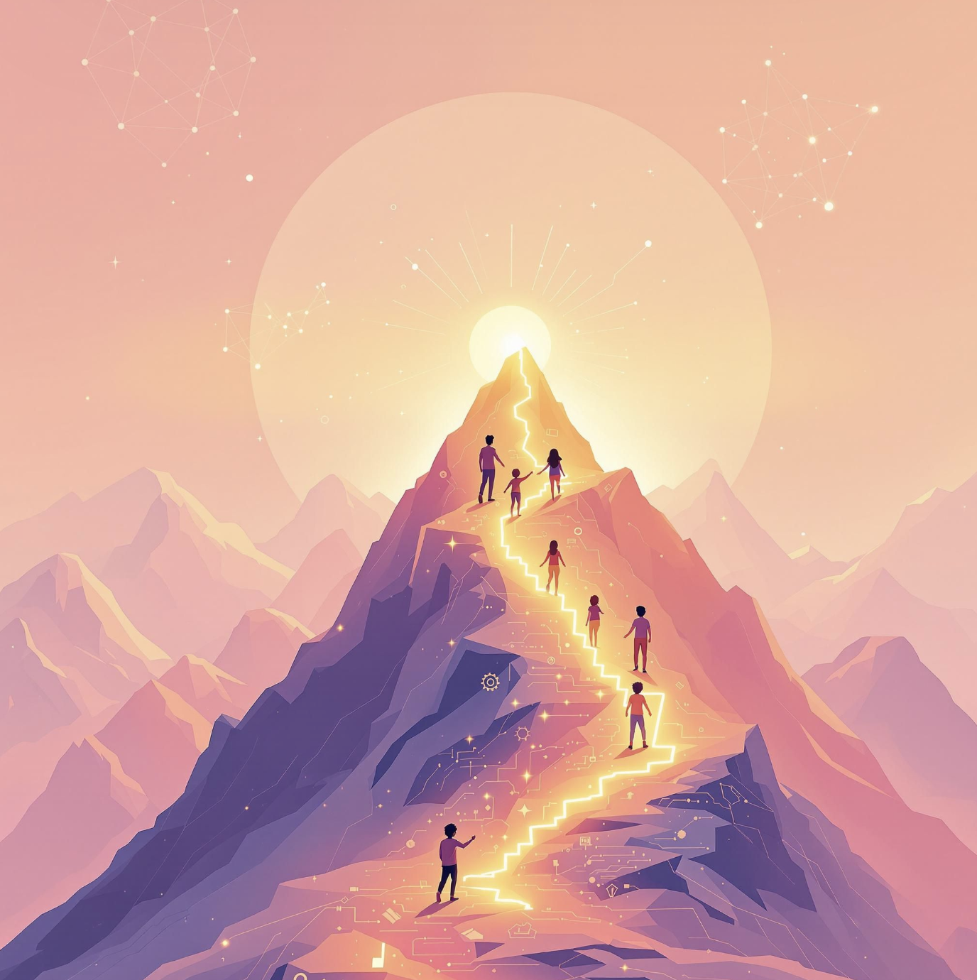 Students climbing a glowing mountain path representing the AI learning journey