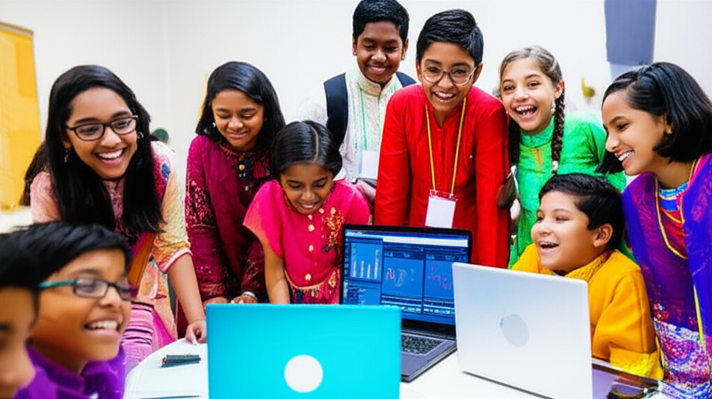 Diverse group of Indian children from different regions working together on AI projects