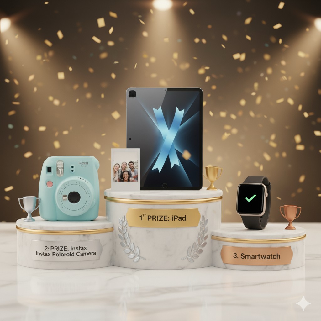 Competition Prizes including iPad, Instax Camera, and Smartwatch